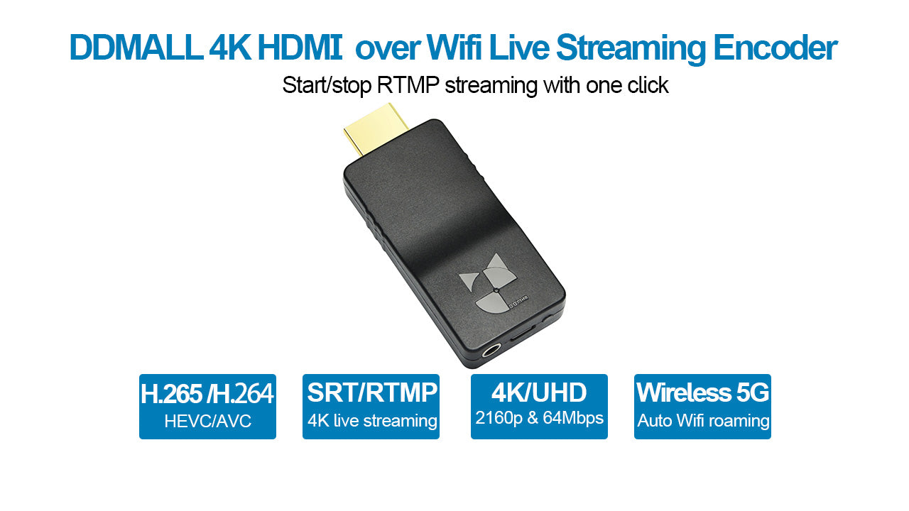 DDMALL HEV-4KW 4K live Streaming Encoder,Wireless HDMI SRT Encoder, Live Stream  on Facebook, Twitch, YouTube Live and IPTV and More