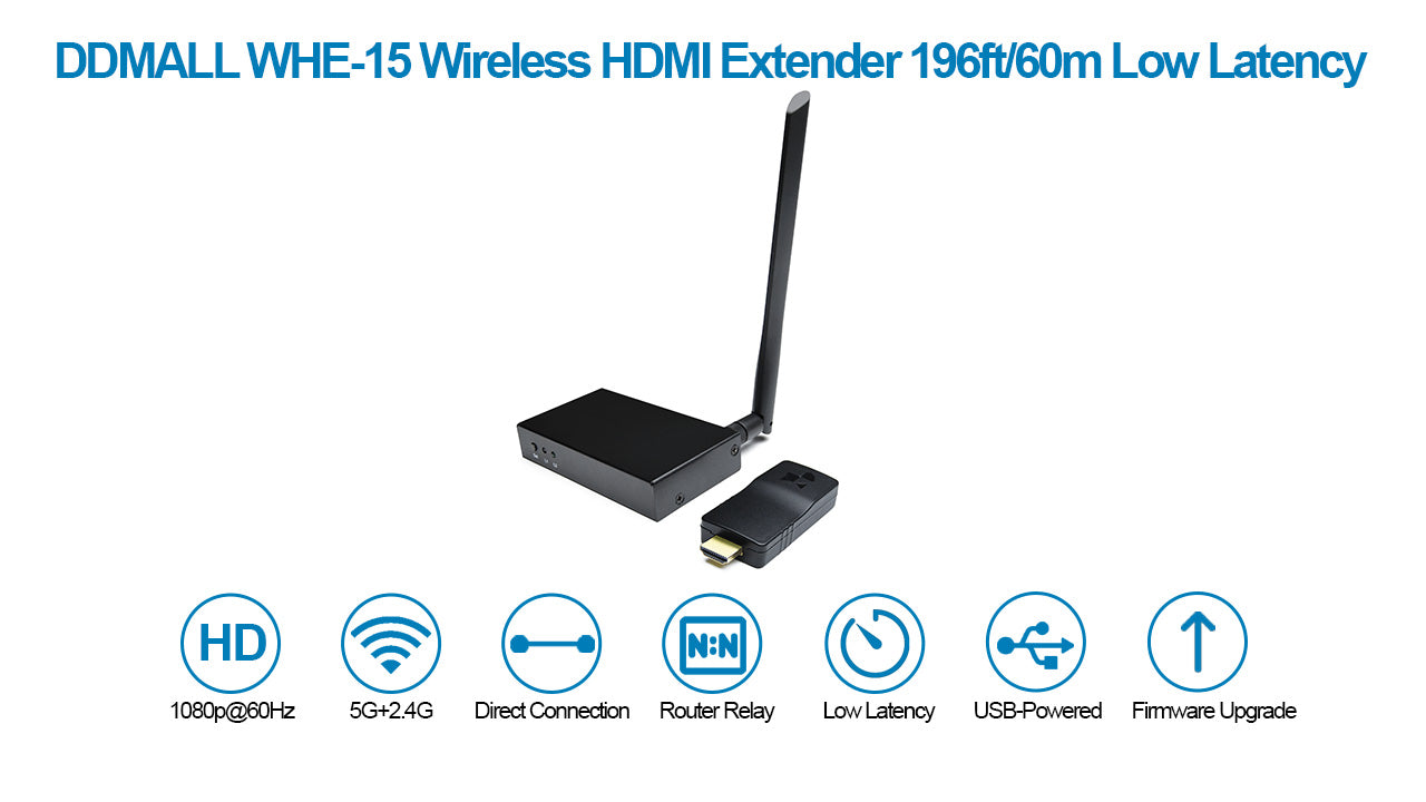 DDMALL WHE-15 Wireless HDMI Video Transmitter Receiver Kit, HDMI Extender over Wifi 196ft/60m Transmission Range