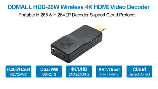 DDMALL HDD-20W 2160p60 Wifi HDMI Decoder to Decode Network Streams, 4K SRT Decoder for IP Cameras