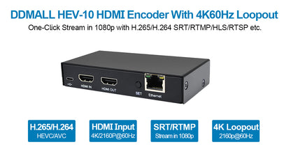 DDMALL HEV-10 H.265 H.264 Live Streaming Encoder, 4K@60Hz HDMI Input, Real Time 4K Local Loopout HDMI Video Encoder